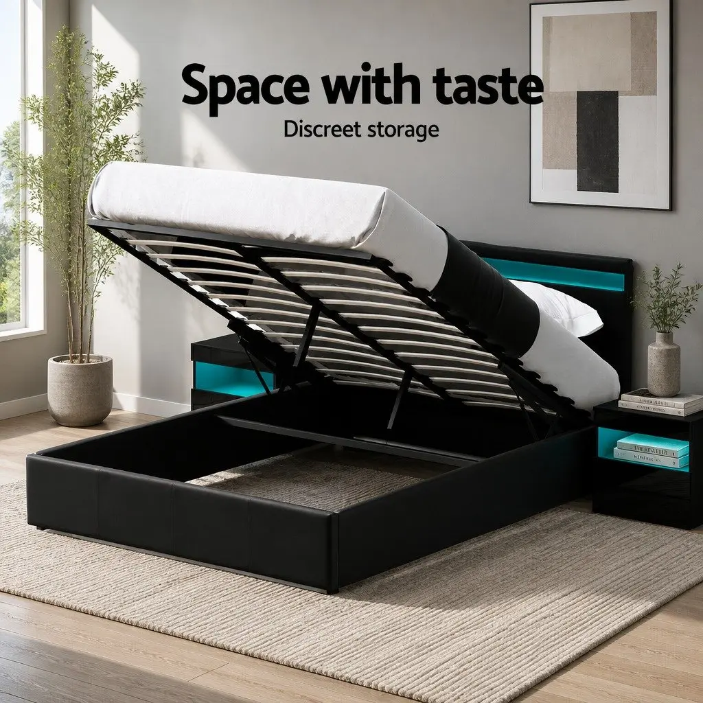Queen Size Bed Frame with Gas Lift Storage LED Lighting Black