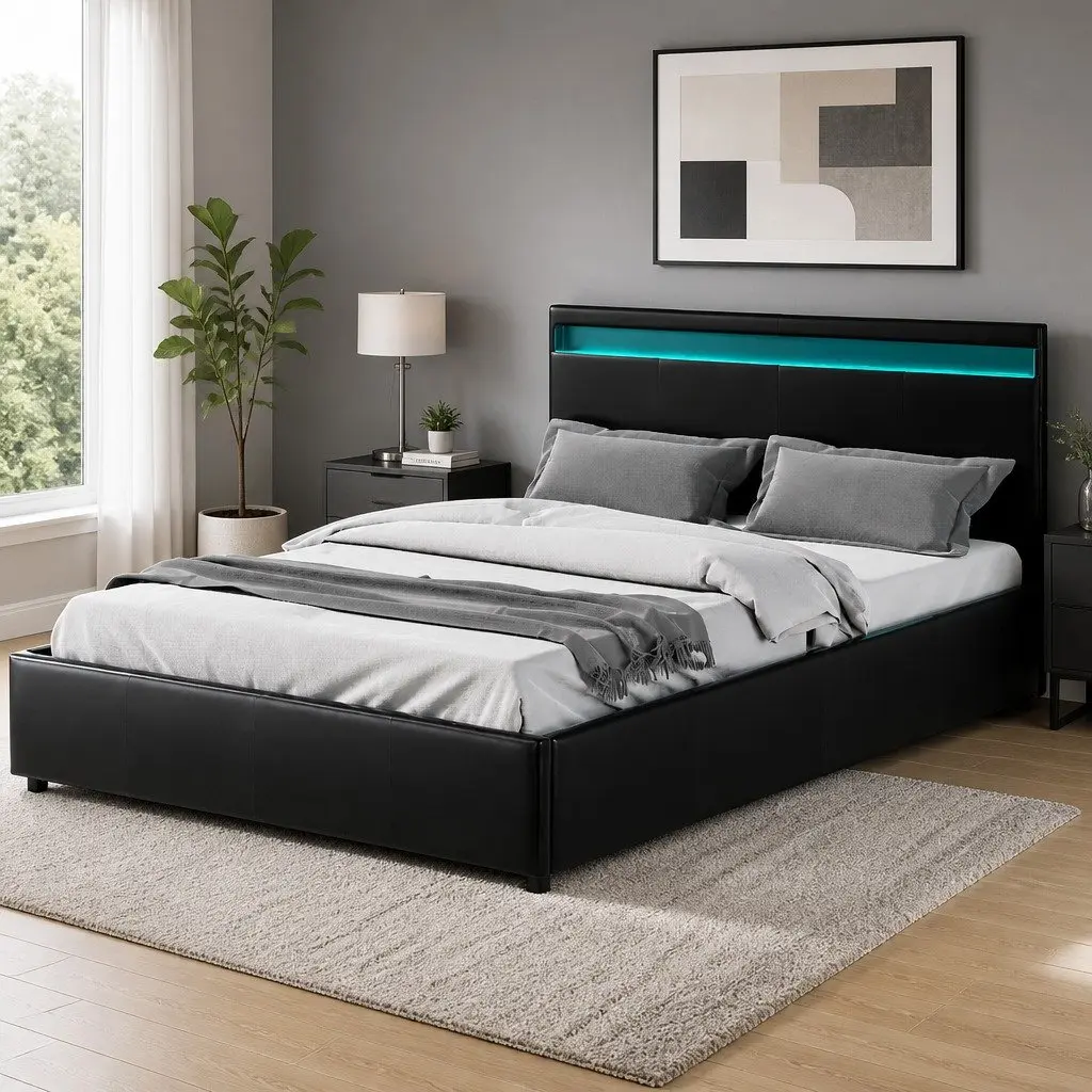 Queen Size Bed Frame with Gas Lift Storage LED Lighting Black