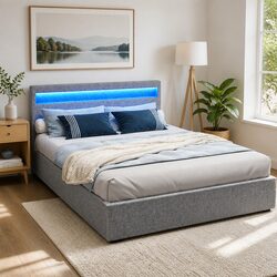 Queen Size Bed Frame with Gas Lift Storage and LED Headboard