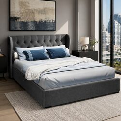 Queen Size Gas Lift Bed Frame with Upholstered Headboard