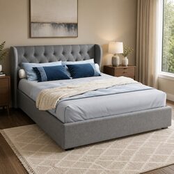 Gas Lift Queen Bed Frame with Grey Upholstered Headboard