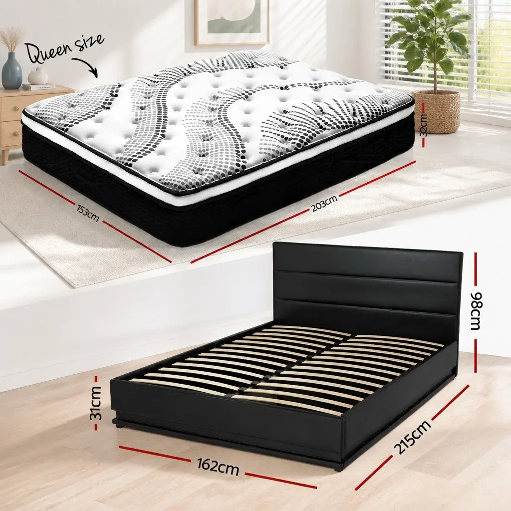 Queen Bed Frame with LED Lighting and 32cm Mattress Set Bundle