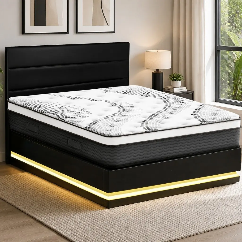 Queen Bed Frame with LED Lighting and 32cm Mattress Set Bundle
