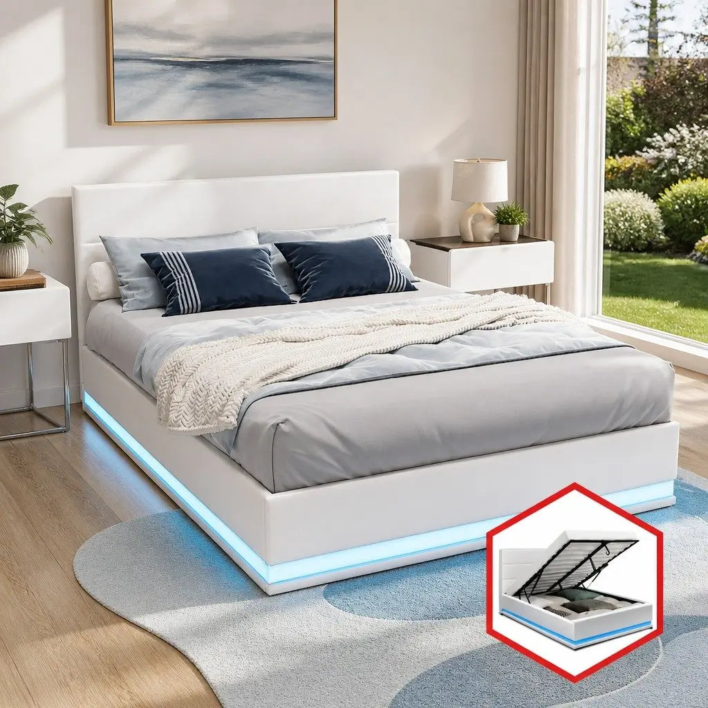 Double Bed Frame Gas Lift Storage White Upholstered Headboard LED Lighting