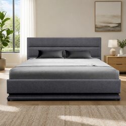 Stylish Grey Upholstered Queen Bed Frame with LED
