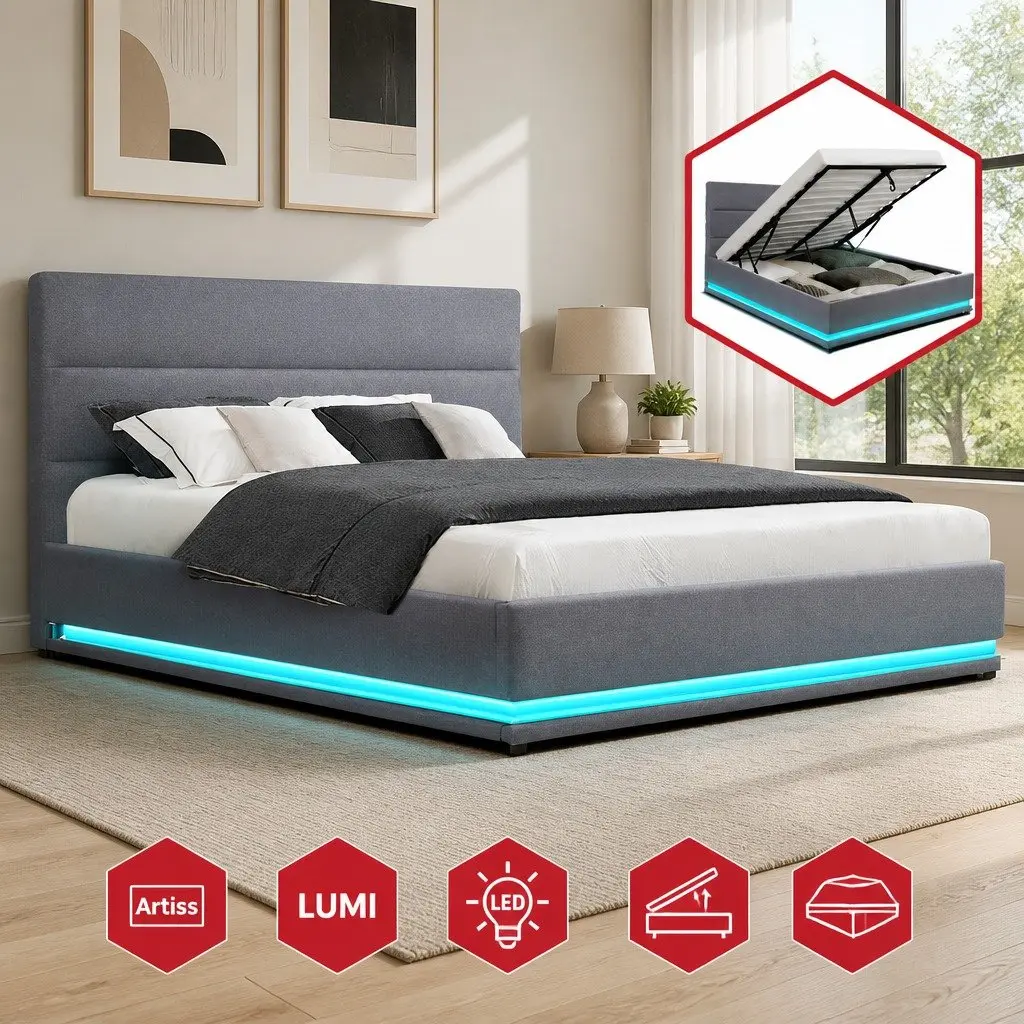 Queen Bed Frame Gas Lift Storage LED Light Grey Upholstered Headboard