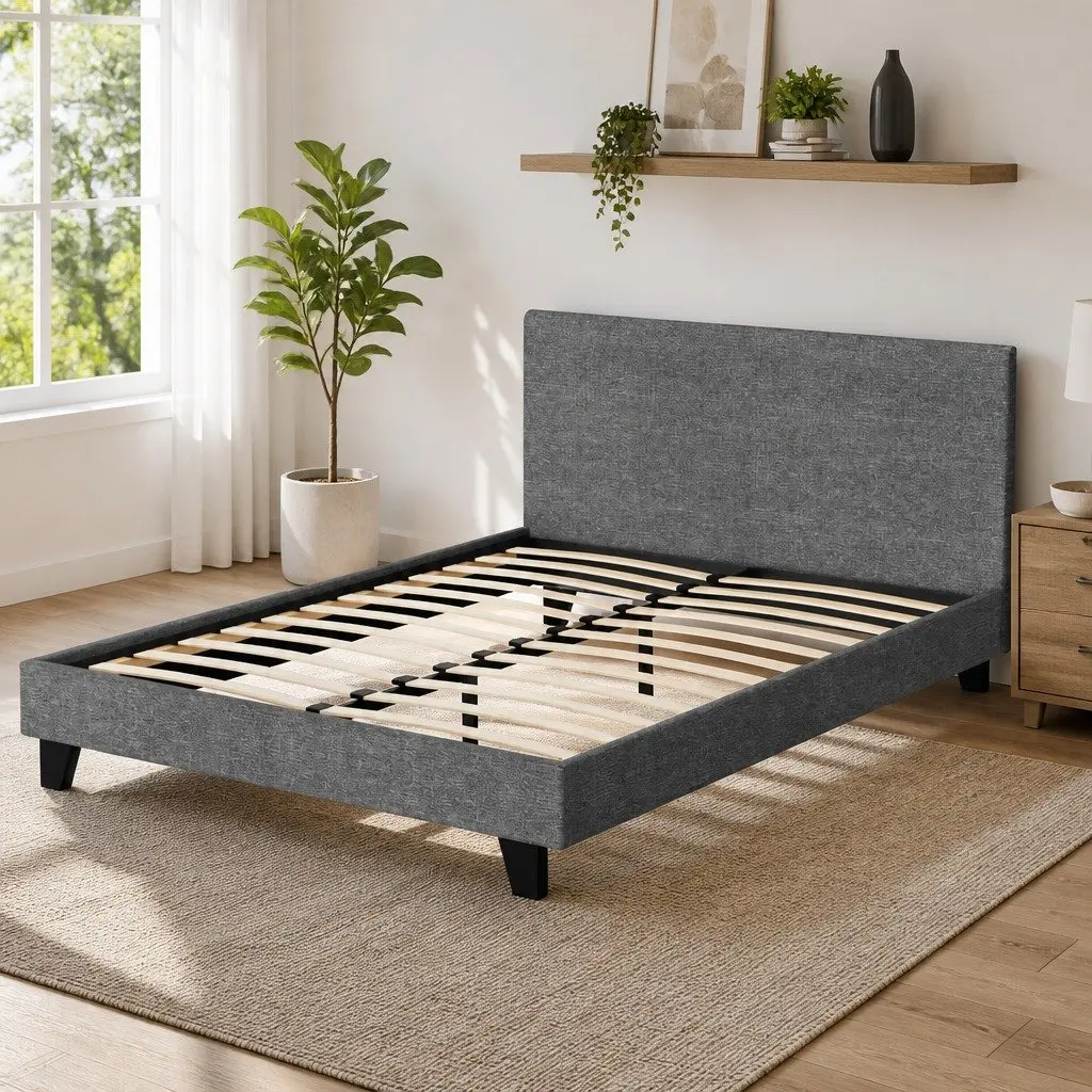 Double Bed Frame Modern Grey Upholstered Padded Headboard Solid Wood Slat Base