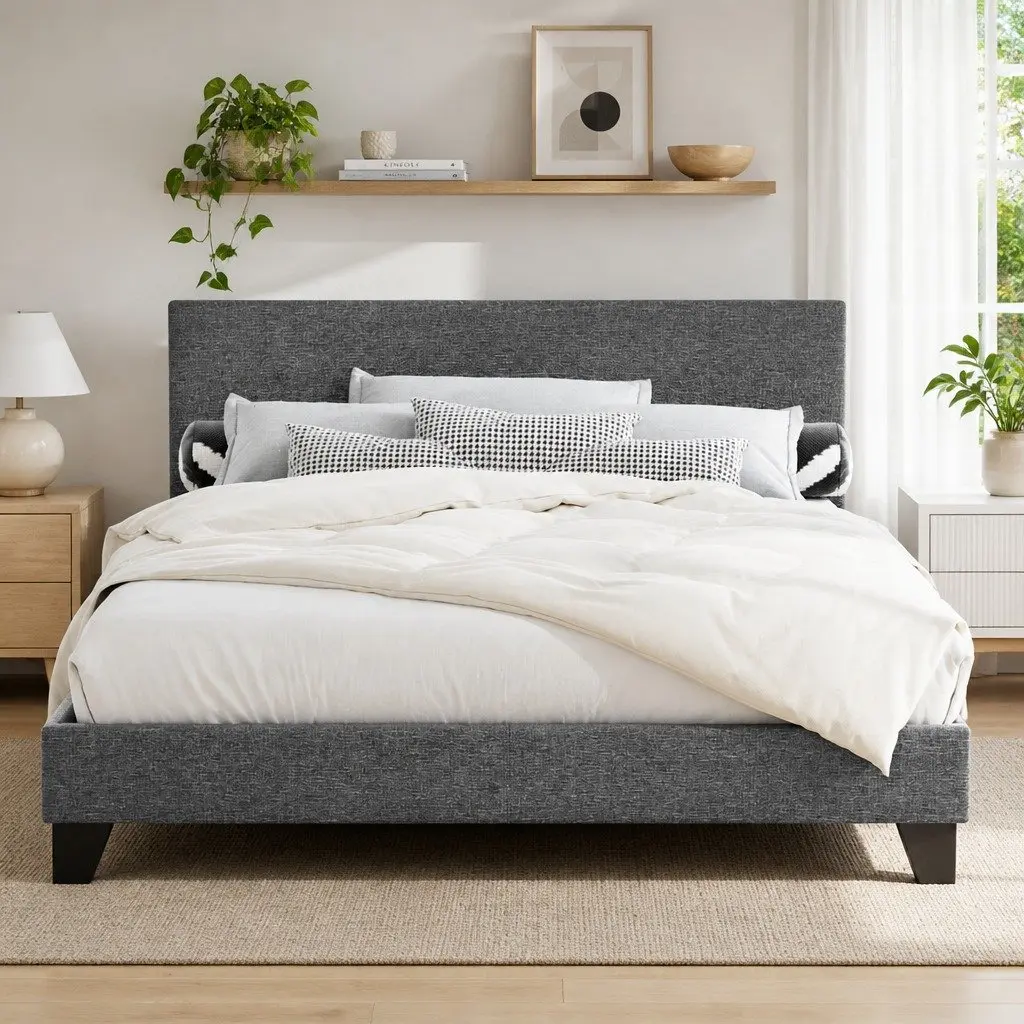 Double Bed Frame Modern Grey Upholstered Padded Headboard Solid Wood Slat Base