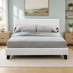 Double Bed Frame in White Upholstered PVC with Slat Base