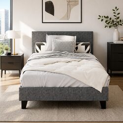 King Single Bed Frame with Grey Upholstery and Slat Base