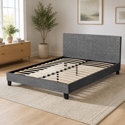 Queen Bed Frame in Grey with Upholstered Headboard and Slat Base