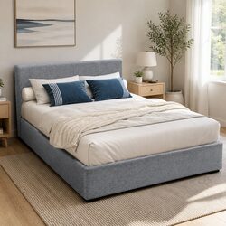 Double Bed Frame with Gas Lift Storage in Grey Upholstery