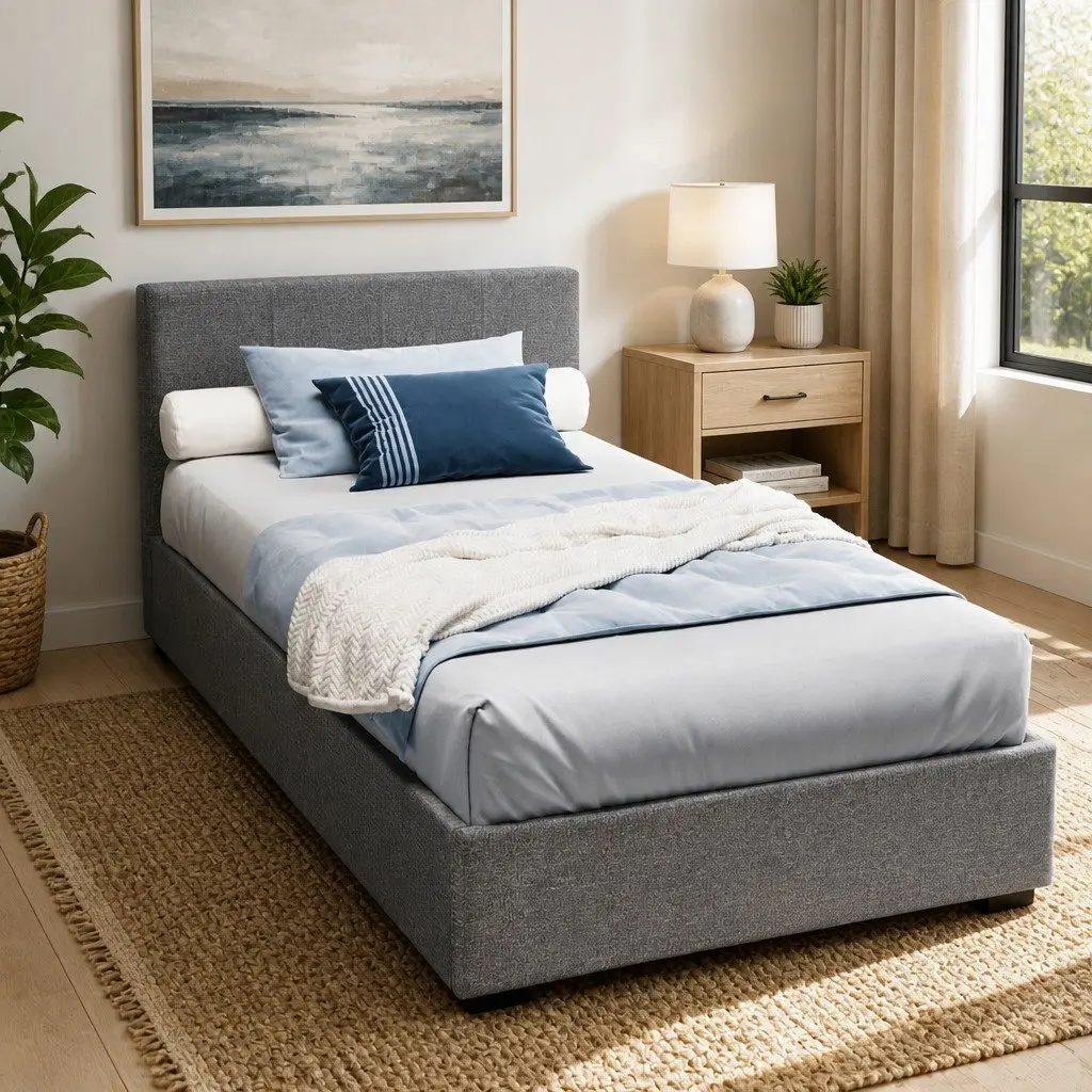 King Single Bed Frame Gas Lift Storage Grey Upholstered