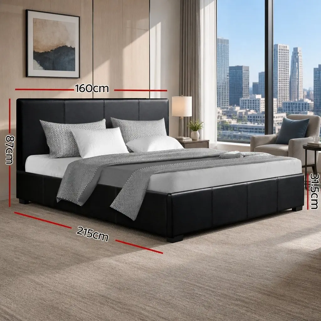 Queen Size Gas Lift Storage Bed Frame Black Upholstered Headboard Modern