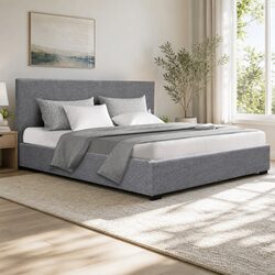 Queen Size Gas Lift Bed Frame Grey with Upholstered Headboard