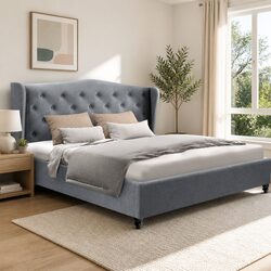 Double Bed Frame with Grey Upholstered Headboard