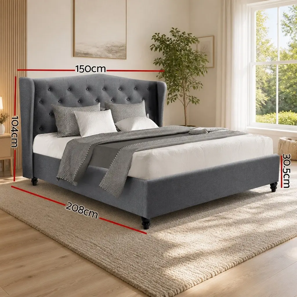 Double Bed Frame with Padded Headboard Grey Steel Construction Wooden Slat Base 190 x 137cm