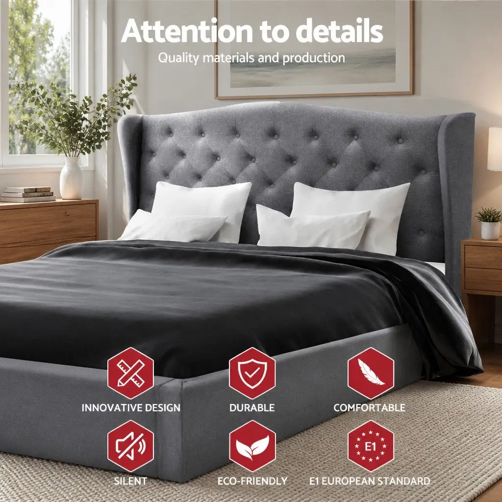 Double Bed Frame with Padded Headboard Grey Steel Construction Wooden Slat Base 190 x 137cm