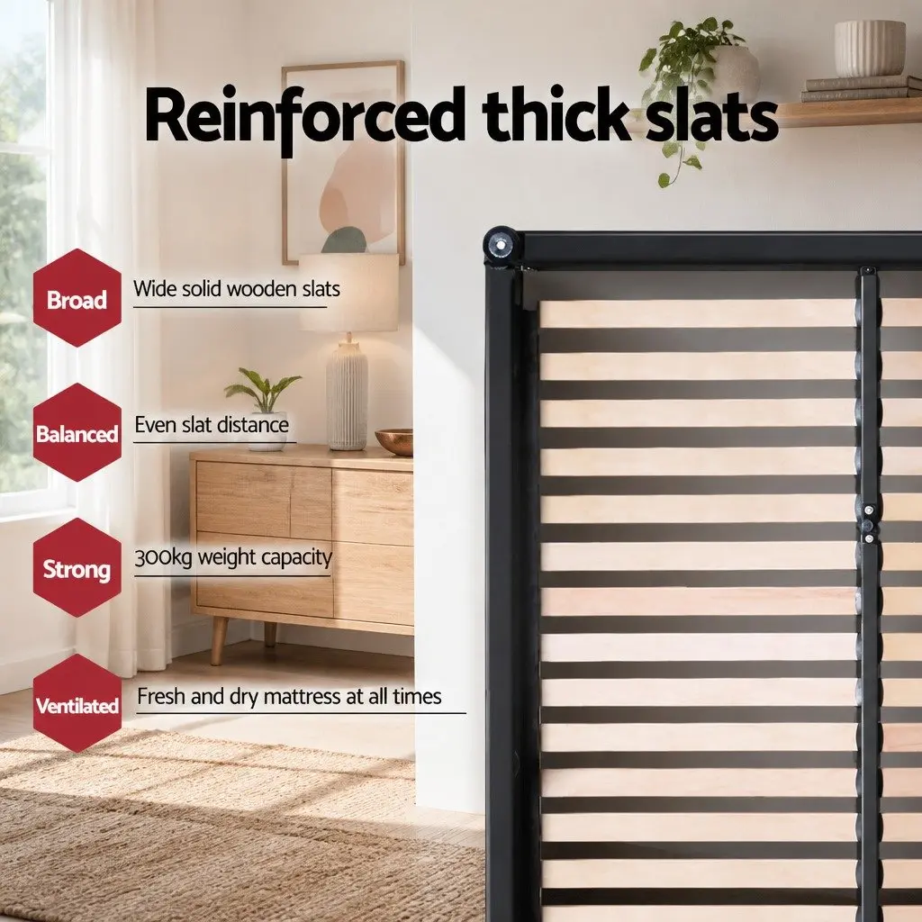 Double Bed Frame with Padded Headboard Grey Steel Construction Wooden Slat Base 190 x 137cm