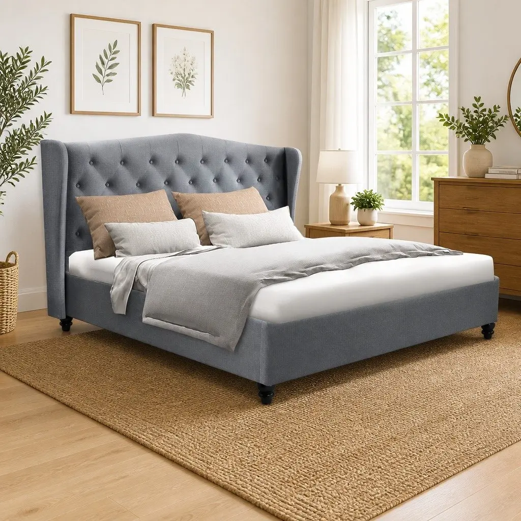 Double Bed Frame with Padded Headboard Grey Steel Construction Wooden Slat Base 190 x 137cm