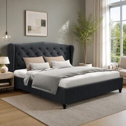 Queen Bed Frame with Charcoal Upholstery and Wing Headboard