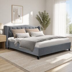 Queen Size Bed Frame with Grey Upholstered Wing Headboard