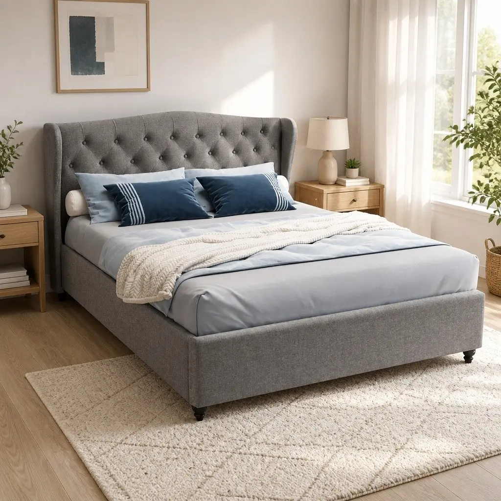 Queen Size Bed Frame Grey Upholstered Wing Headboard Tufted Padded Linen Bedroom