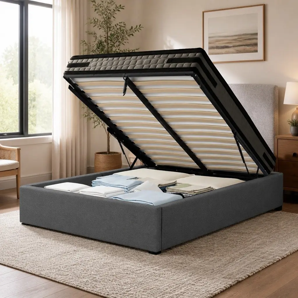 King Single Bed Frame with Gas Lift Storage and 36cm Mattress Set Grey