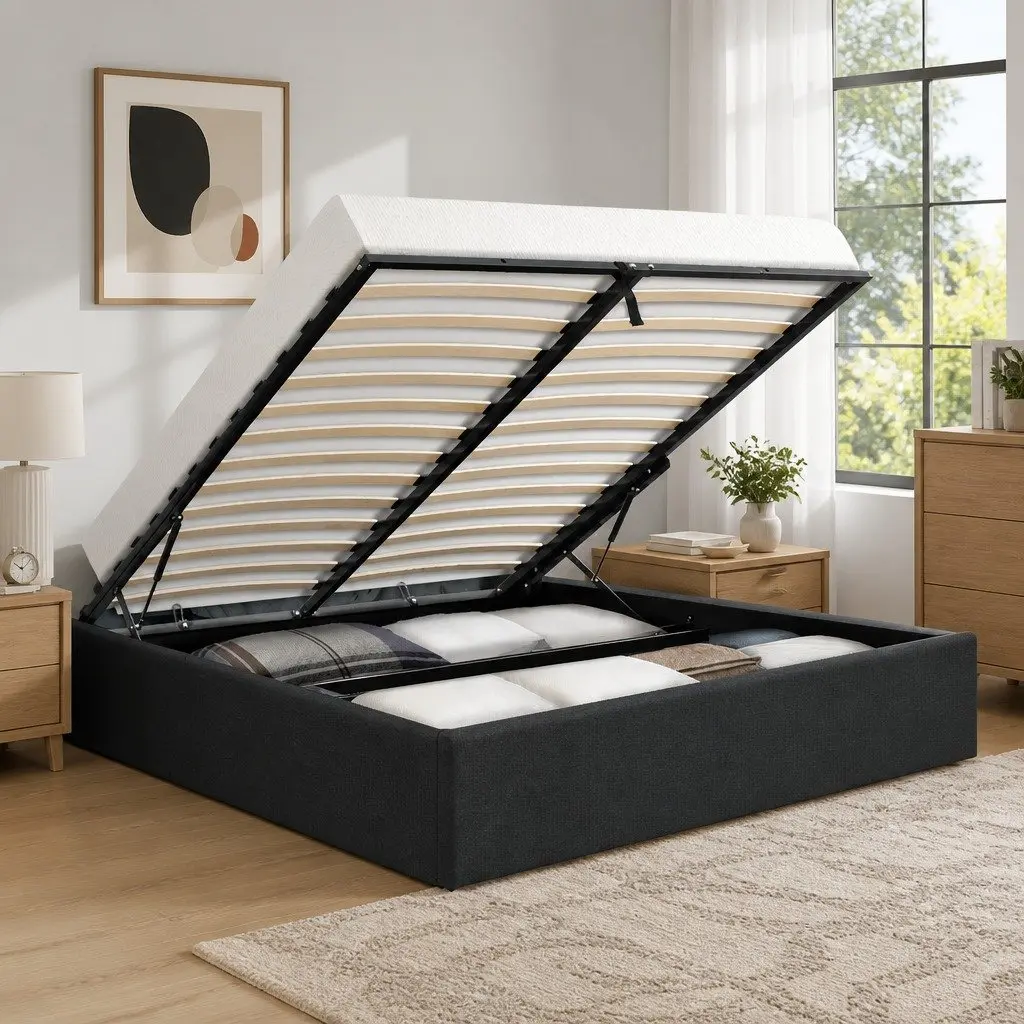 Gas Lift Bed Frame Storage Base Queen Size Charcoal Upholstered