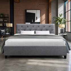 Double Bed Frame with Grey Upholstery and Metal Legs