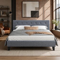Queen Size Bed Frame with Grey Upholstery and Wooden Slats