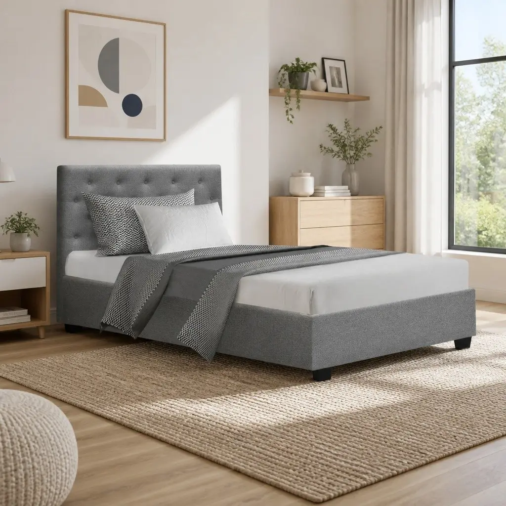King Single Bed Frame Gas Lift Storage Grey Tufted Headboard