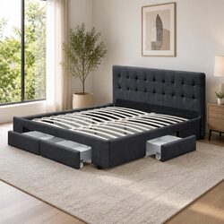Double Bed Frame with Storage Drawers and Upholstered Headboard