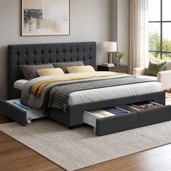 King Size Bed Frame with 4 Storage Drawers in Charcoal Grey