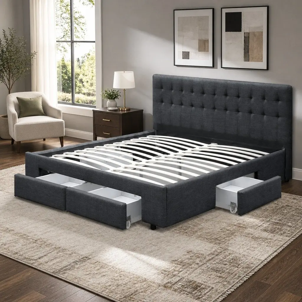 King Size Bed Frame with Storage Drawers Charcoal Grey Upholstered Platform