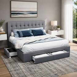 King Size Bed Frame with Storage Drawers in Grey Upholstery
