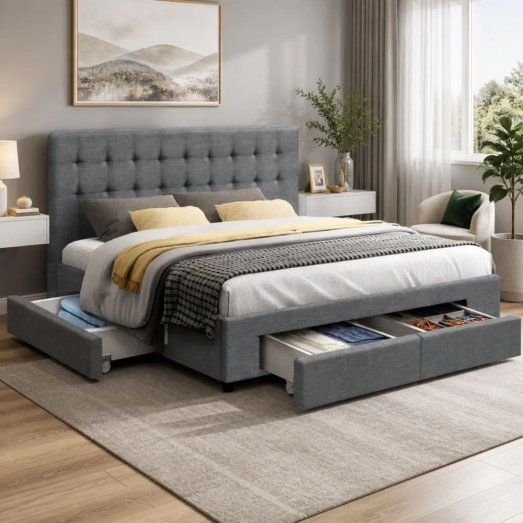 King Size Bed Frame with Storage Drawers Grey Upholstered Tufted Headboard