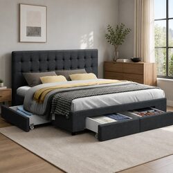 Queen Size Bed Frame with 4 Storage Drawers in Charcoal