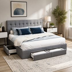 Queen Bed Frame with 4 Storage Drawers and Tufted Headboard