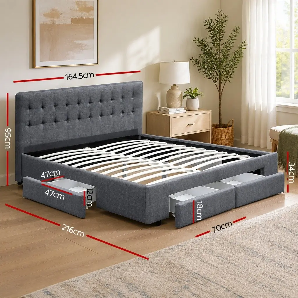 Queen Size Bed Frame with Storage Drawers Tufted Headboard Grey
