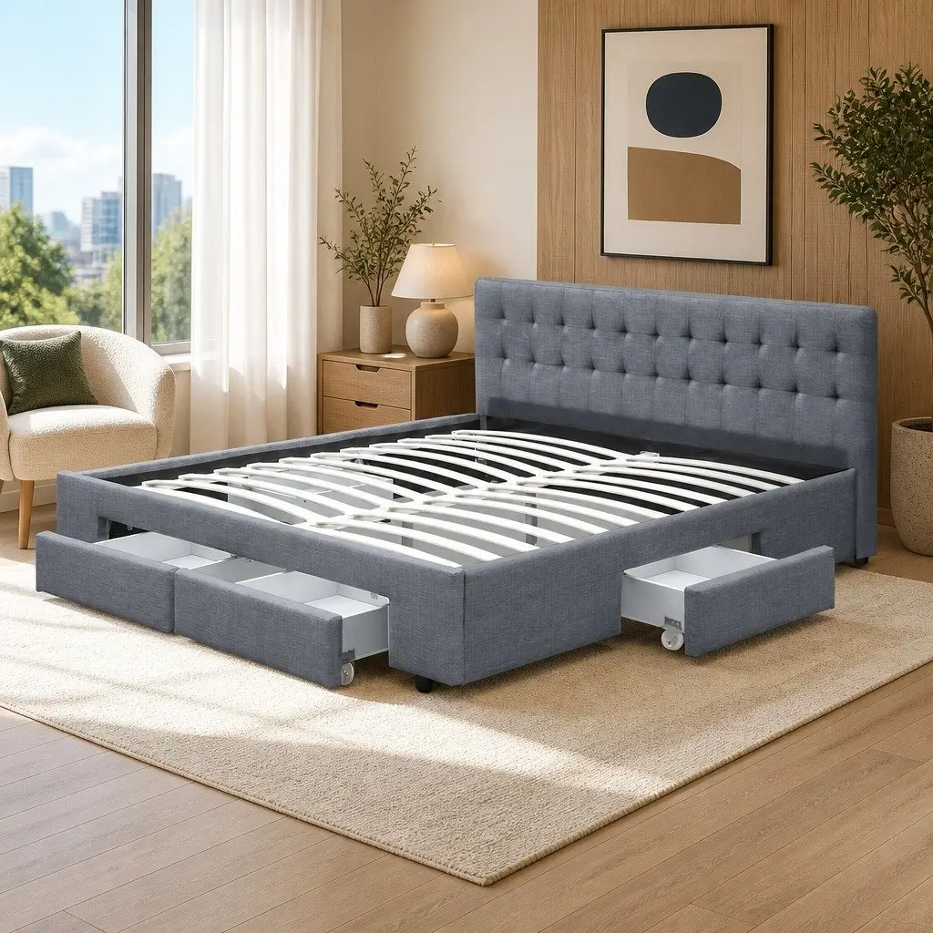 Queen Size Bed Frame with Storage Drawers Tufted Headboard Grey