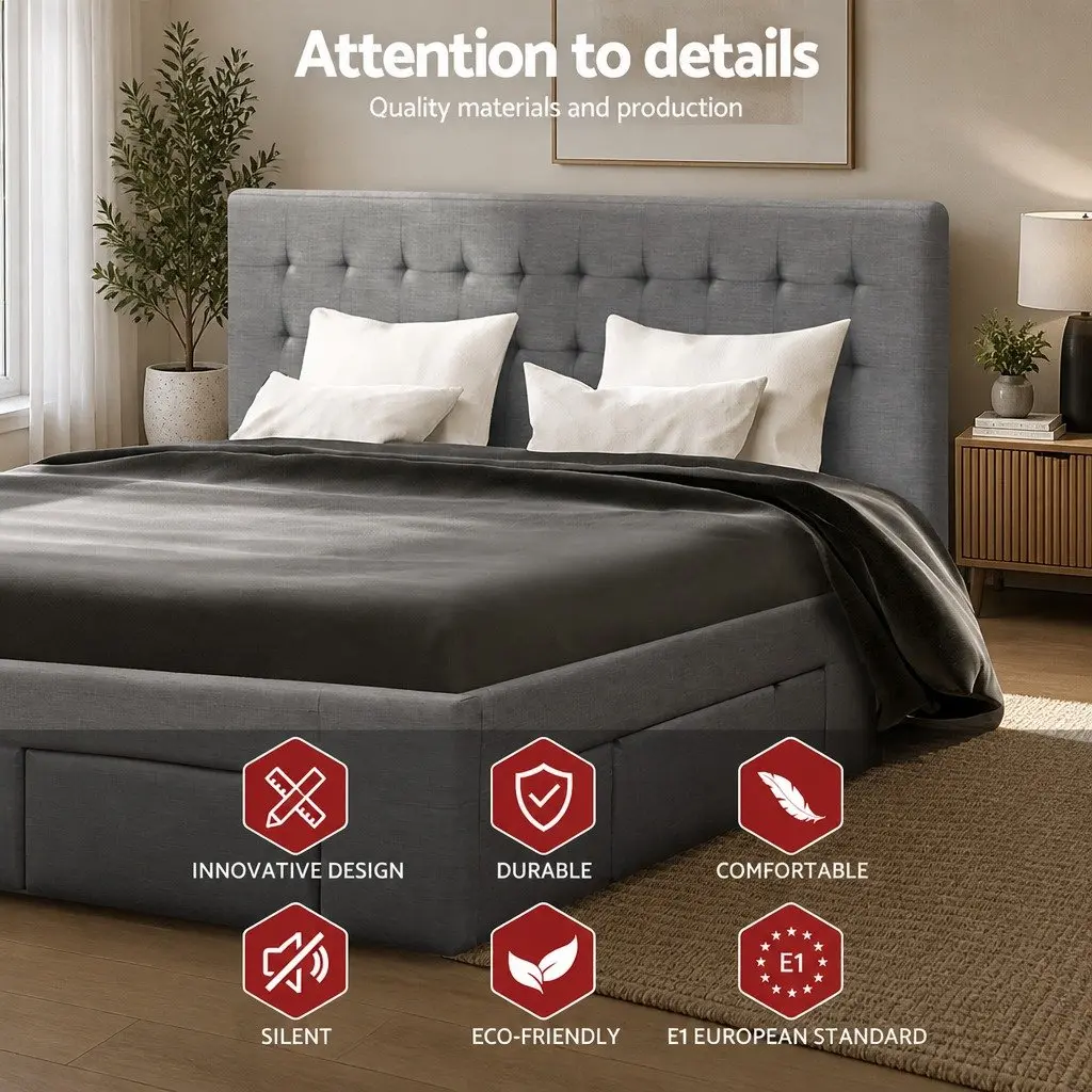 Queen Size Bed Frame with Storage Drawers Tufted Headboard Grey