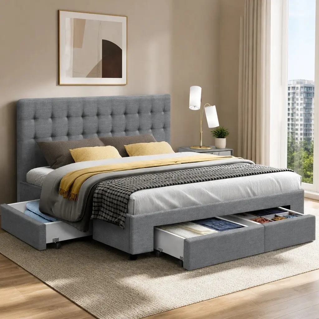 Queen Size Bed Frame with Storage Drawers Tufted Headboard Grey