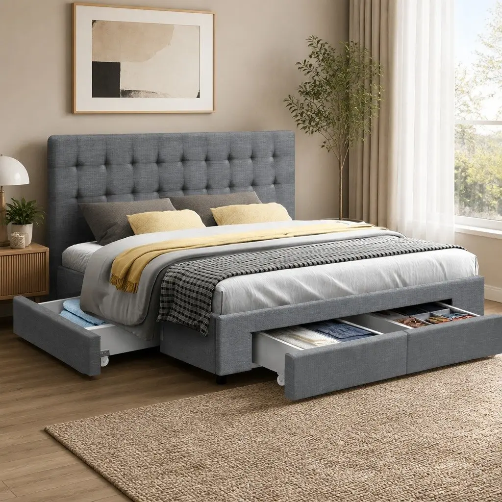 Queen Size Bed Frame with Storage Drawers Tufted Headboard Grey