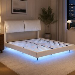 Double Bed Frame with LED Lights and Storage in White