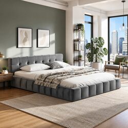Double Bed Frame with Grey Velvet Headboard