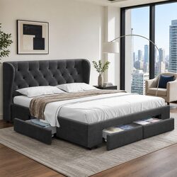 King Size Bed Frame with Four Storage Drawers in Charcoal