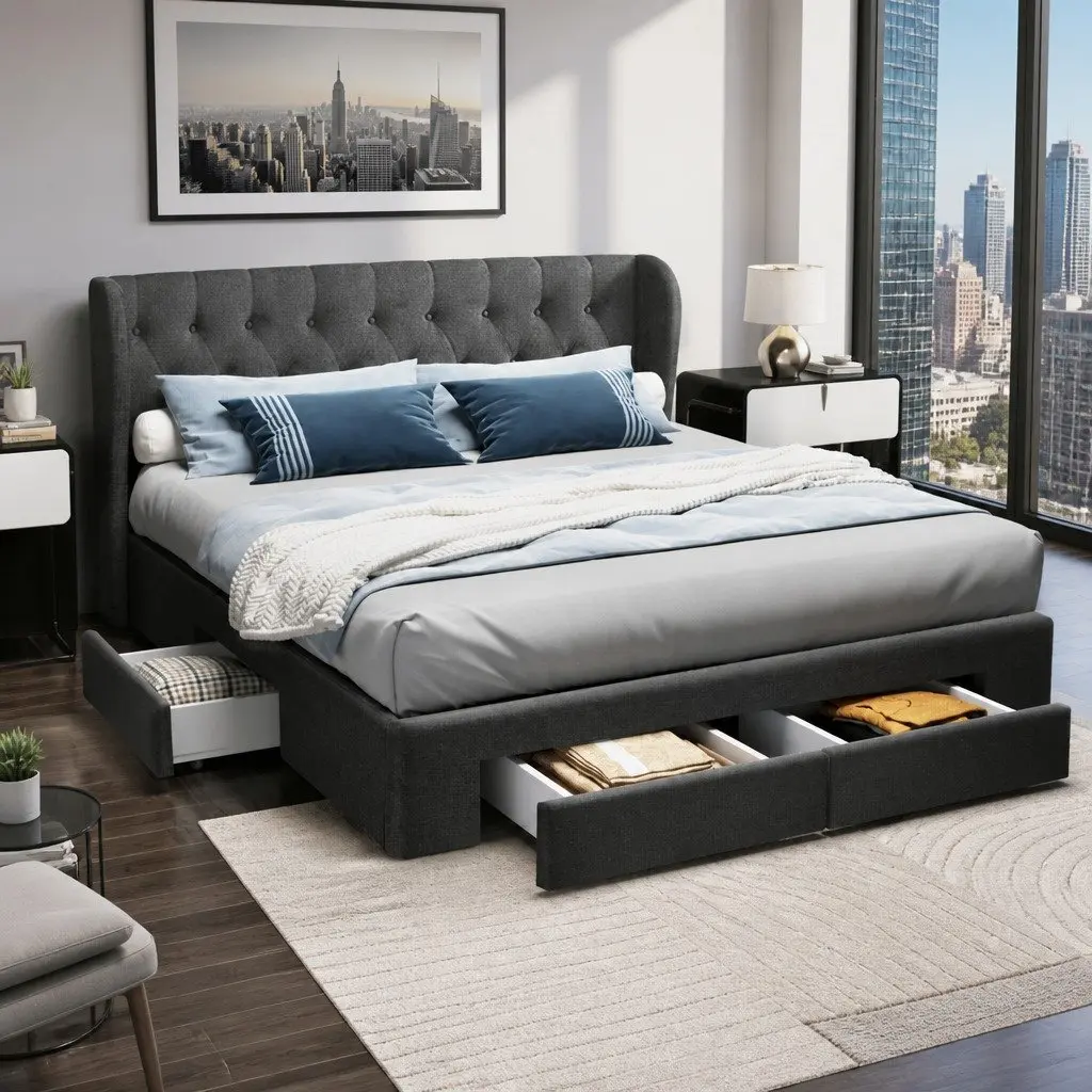 King Size Bed Frame with Storage Drawers Padded Charcoal