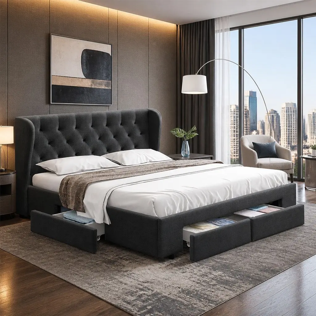 Queen Size Bed Frame with 4 Storage Drawers Charcoal Upholstered Padded