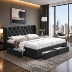 Queen Bed Frame with 4 Storage Drawers in Charcoal
